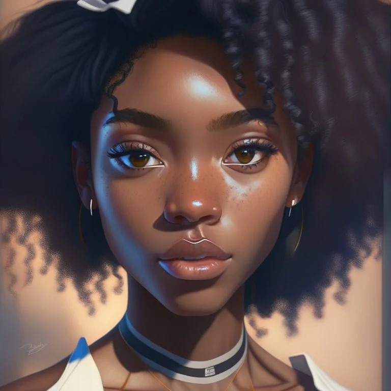 portrait Anime black woman cute-fine-face, pretty face, realistic shaded Perfect face, fine details. realistic shaded lighting by Ilya Kuvshinov Giuseppe Dangelico Pino and Michael Garmash and Rob Rey, IAMAG premiere, WLOP matte print, cute freckles, masterpiece