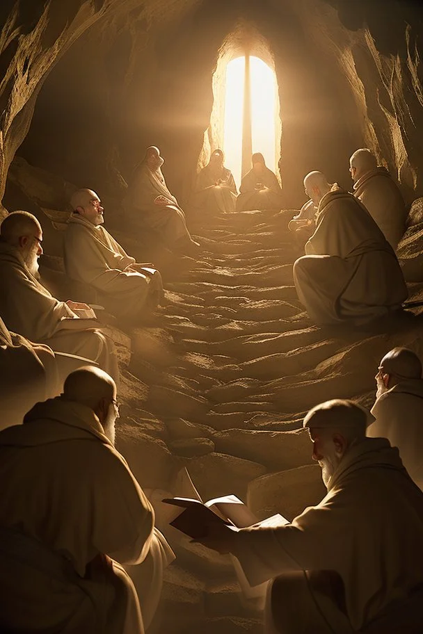 Several Christian priests of the 1st millennium AD are holding scrolls of Holy Scripture in their hands and actively arguing. They are in a cave illuminated from above by a penetrating beam of light. The image is in high quality in 8k