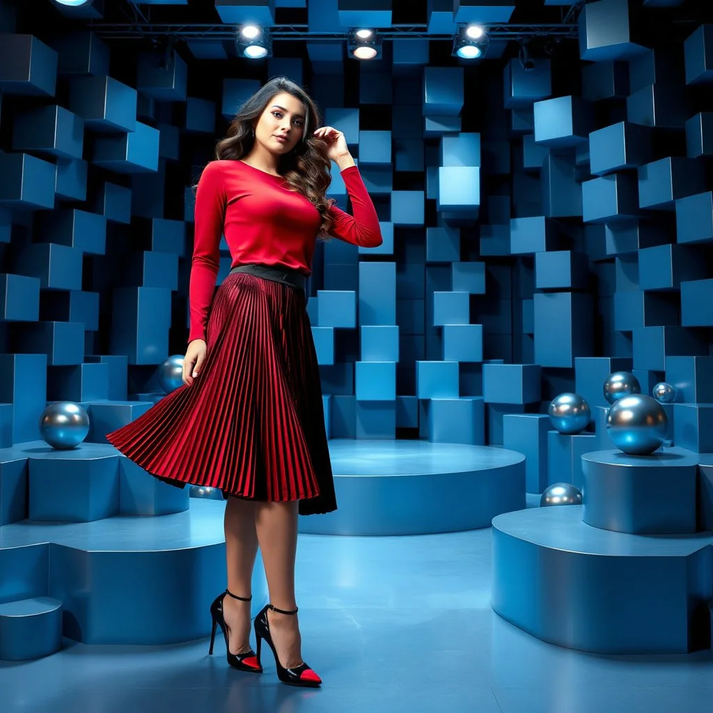 make a picture pretty stage made of metallic blue-gray teme 3d recursive cubic and sphere and cylinder base structures and a beautiful fashion model lady posing with cute in black and white and the scene is in color,with dark red top and pretty pleated midi skirt ,makeup curvy long hair,dynamic camera zoom to full body and pan, dynamic lights.