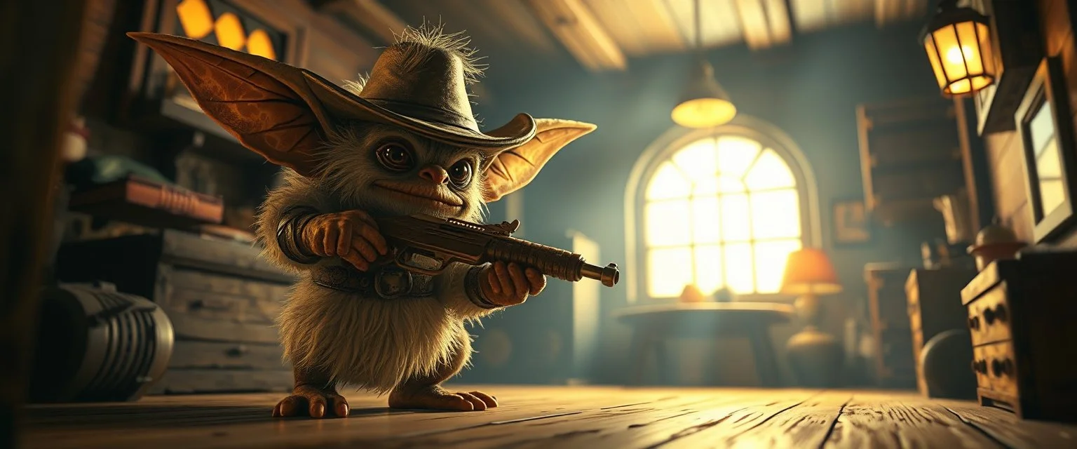 air brush 3d with pen outline,spaghetti final boss gunslinger western fluffy elder gremlin edgy hero, shallow depth of field, warm lantern, pin hole cam in doll house, bottom floor board edge border