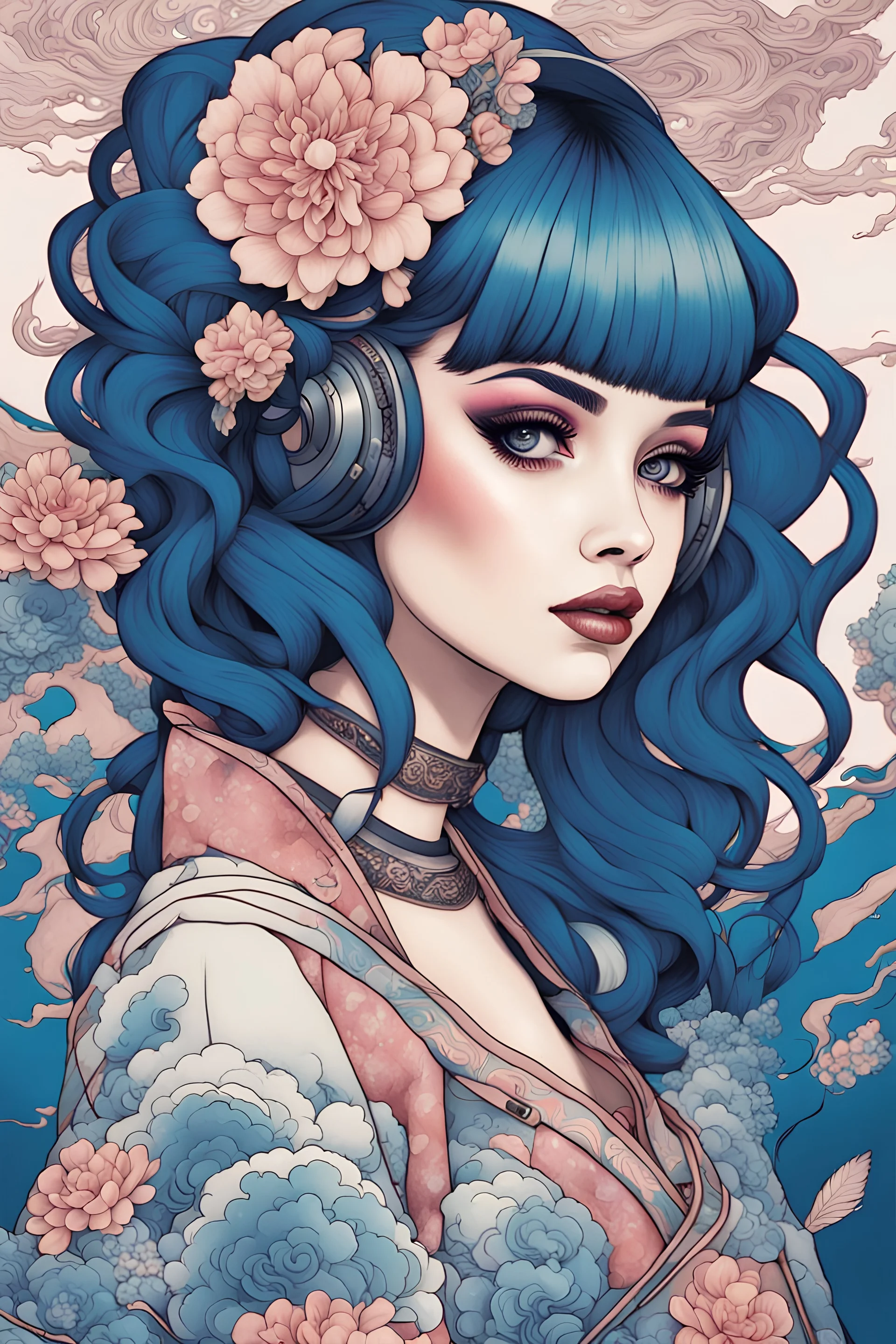 singer Melanie Martinez face, beautiful cyberpunk huge girl, hyperdetailed, illustration by Katsushika Hokusai, darkblue tones,