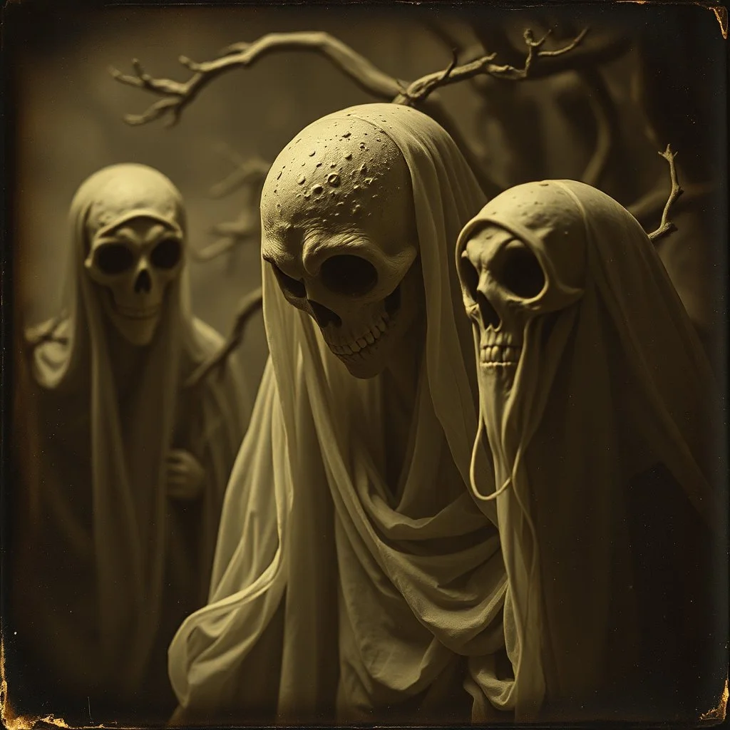 Daguerrotype close up of some mysterious figures, odd background, cinematic, Hieronymus Bosch, Max Ernst vegetal life, rotten, ambient light, ghost, cry