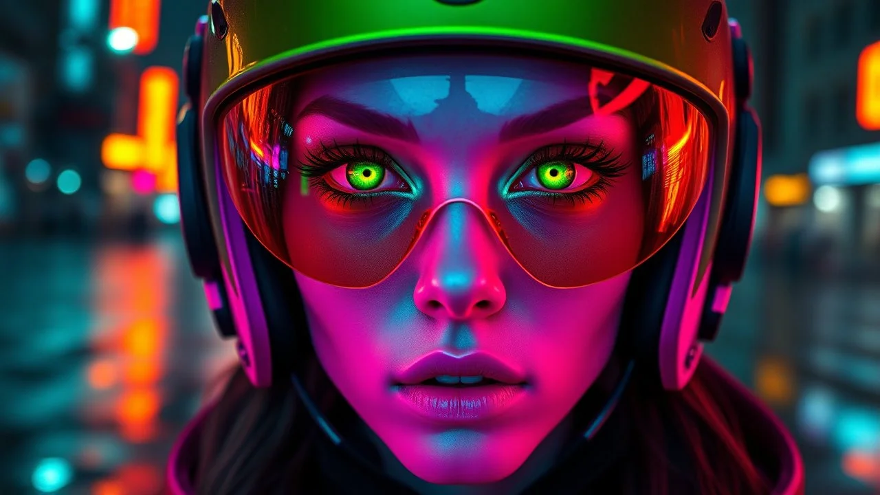 face close-up A female cyberpunk cyborg wearing a helmet with brown gradient lenses. The color palette is neon green and pink. The background is a neon-lit city street at night with bioluminescent orange lettering reflecting on the wet pavement. Her bright green eyes and neon purple lips complete her bold, mysterious look. Simon Dewey, Rococo, Hyperdetail, Tender; Royo, Bagshaw, Chevrier, Lou Haz, Ferry, Kaluta, Minguez, Mucha, WLOP, Greg Olsen, Artgerm. Cinematography, 8K