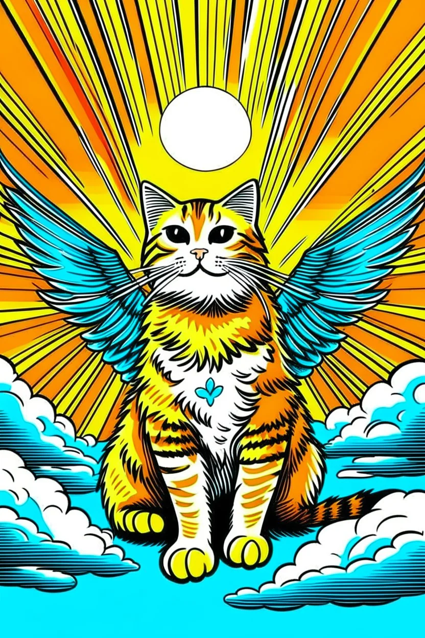 orange cat with stripes in heaven with wings and a halo pop art