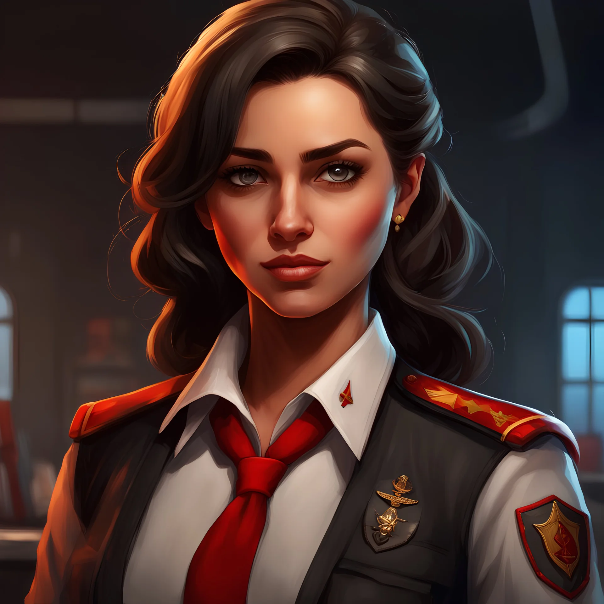 a beautiful woman in a pilot uniform with a red tie, a character portrait by Patrick Brown, Artstation, sots art, artstation hd, 2d game art, concept art