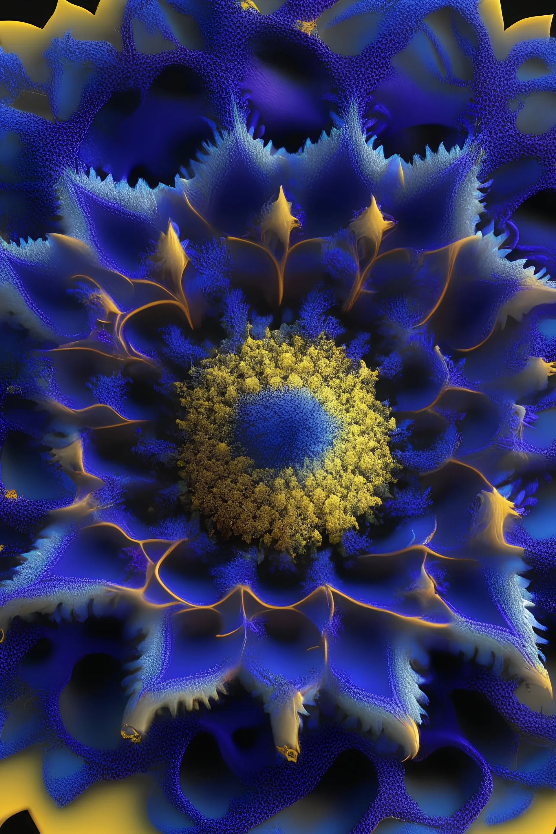 Fractal 3d deep closeup of a fractal flower deep purples blues and yellows photorealistic 8k resolution symmetrical
