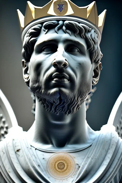 Ultra Realistic image, Roman sculpture, white marble material, Lionel Messi, sun radial crown, chisel style, waist up portrait, epic, celestial, gold, cinematic lighting, God light, god rays, 4k resolution, smooth details, ornate details, soft lighting, unreal engine 5, marble background.