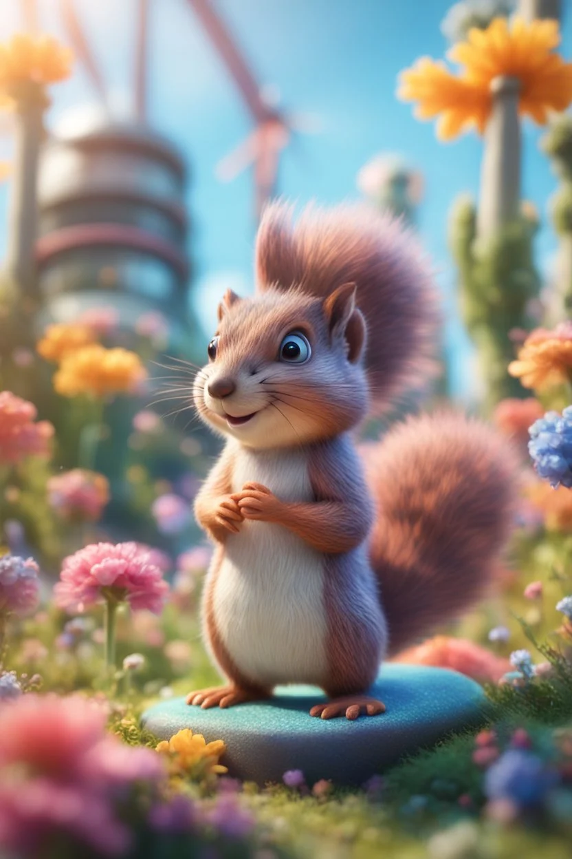 plexi glass tower, portrait cute fluffy toy wolly squirrel mind flawyer in a water slide holding weird flowers in his trunk in the style of pixar, on a strange planet with weird colors and wind turbines, bokeh like f/0.8, tilt-shift lens 8k, high detail, smooth render, down-light, unreal engine, prize winning