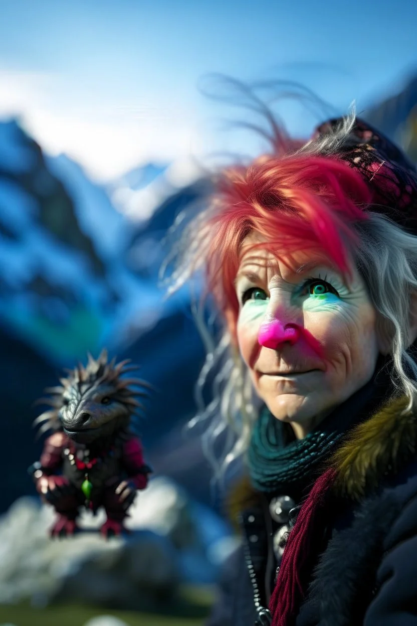 portrait Cyndi Lauper in the Alps on mountain top, with rock giant creature in the background,shot on Hasselblad h6d-400c, zeiss prime lens, bokeh like f/0.8, tilt-shift lens 8k, high detail, smooth render, down-light, unreal engine, prize winning