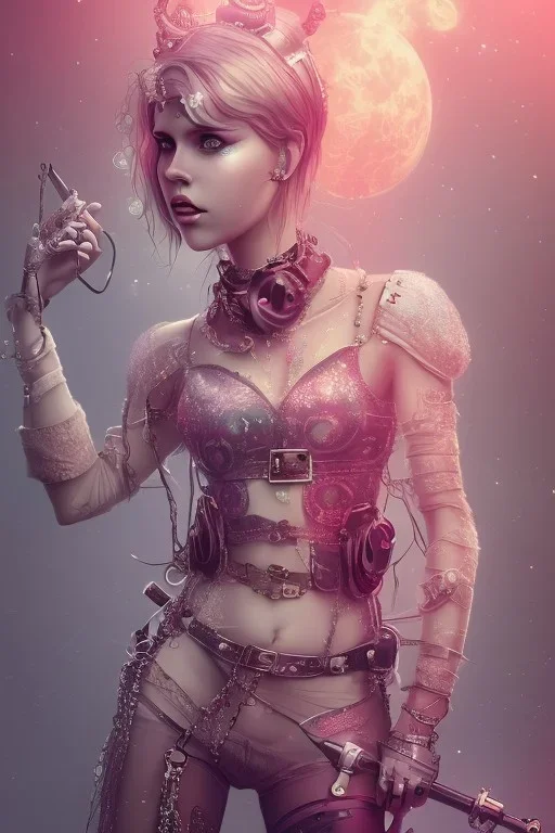 Danish Singer MØ cute in style steampunk, pink tones, high lighting