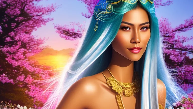 Photo realistic portrait of a gorgeous smiling skinny polynesian goddess with a golden dark shining skin, long smooth clear turquoise blue white hair, blue eyes, in a sci-fi outfit with luminous strikes blowing a kiss in a hill of flowers with sakura trees, a waterfall, a crystal palace, loads of mini flowers, moss, sun rays through the branches, particles in the air at spring