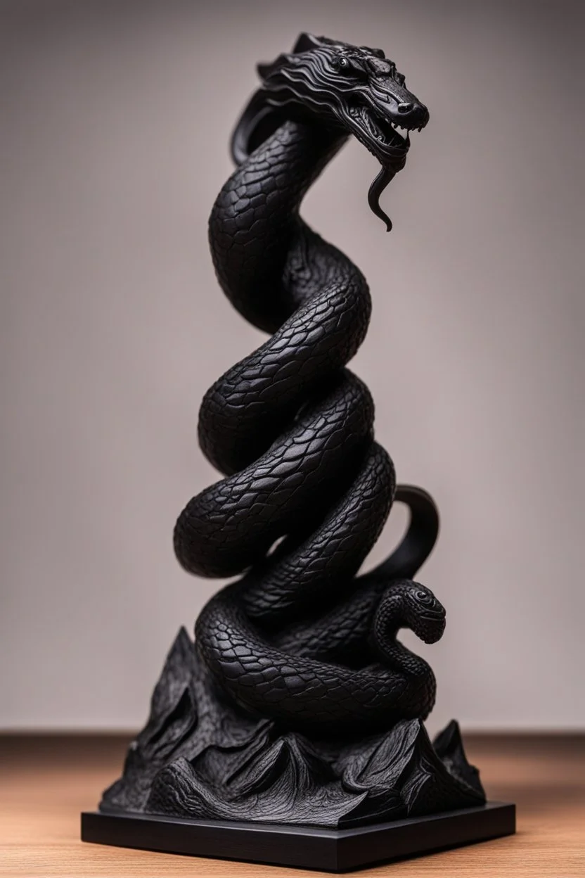 an ominous small statuette made of ebony in the form of a mountain with the snake slithering around the mountain