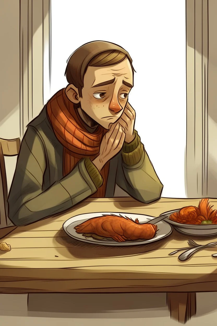 Agdon Longscarf eating Thanksgiving dinner alone, looking sad