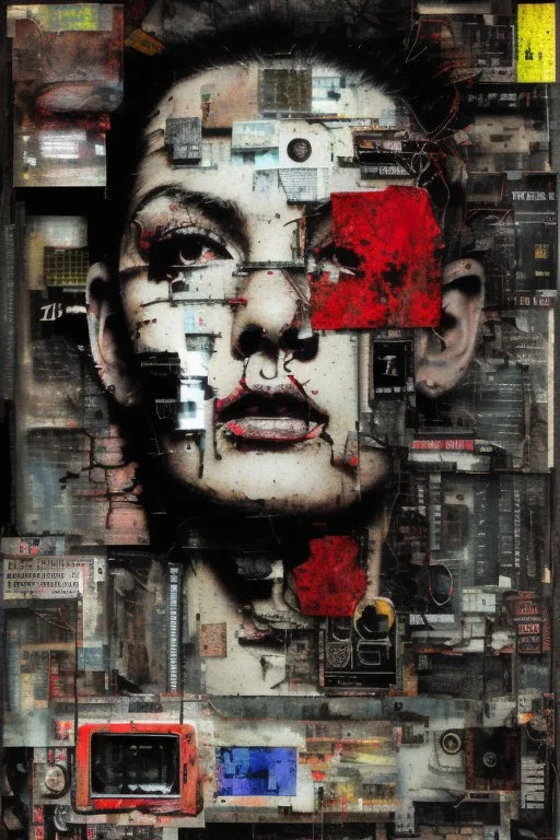 Ultra detailed medium portrait painting dead end road, dark room with little light coming from an open door behind, torn up collage of clippings, broken circuitry background, matrix effects, punk visual art, punk art aesthetic, graffiti art, pop surrealism, collage art, cluttered paint glitches