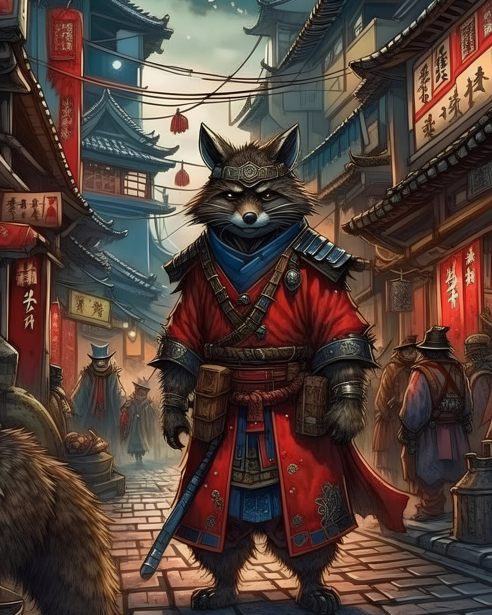 highly detailed concept illustration of an alternate reality ancient China samurai racoon wanderer in a street, maximalist, highest resolution, Masahiro Ito, boldly inked, 8k, coarse, red