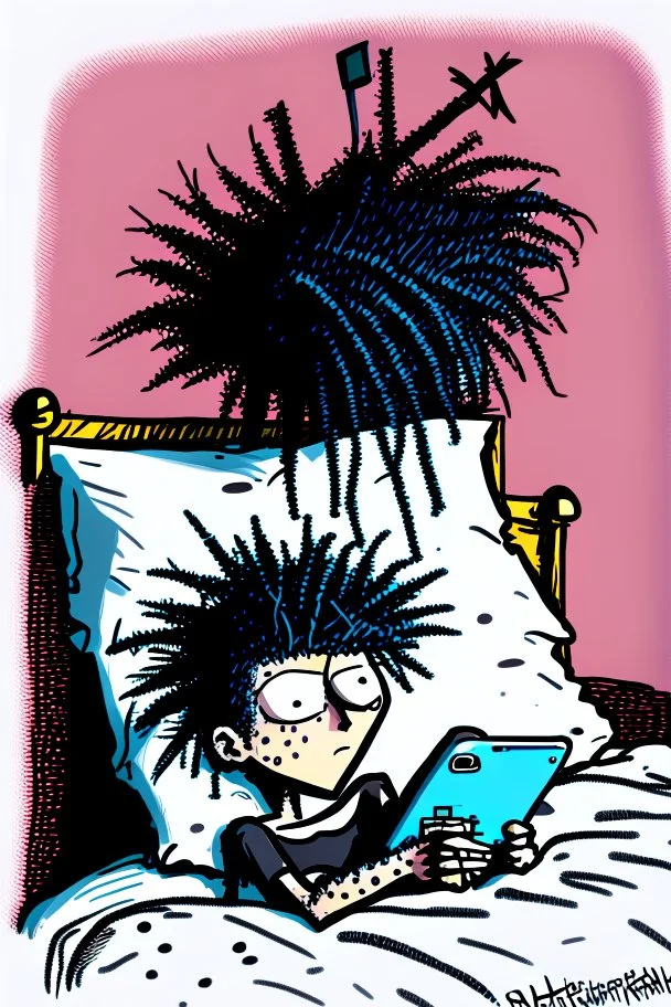 2d drawing of a stickman, laying in bed, cool with punk hair, just woke up, cellphone in hand ,3d realistic in colour