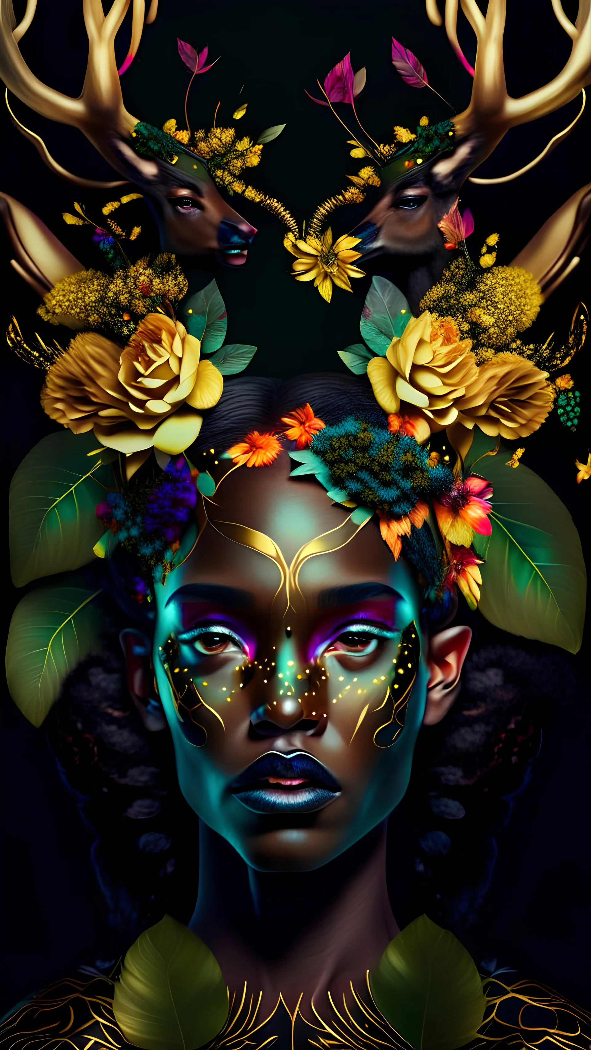 beautiful black woman deer with horns made from beautiful colorfully flowers and gold flower pattern on face, front facing dark smooth colors, forest green background, entire horns visible