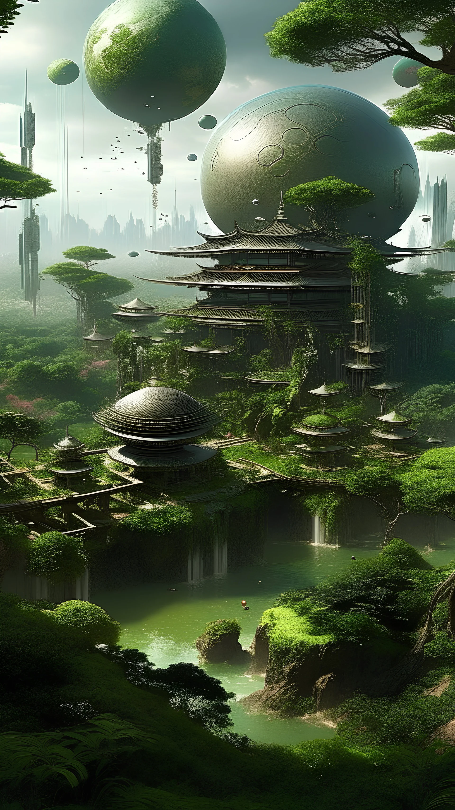 sci fi planet, Japanese garden, busy city