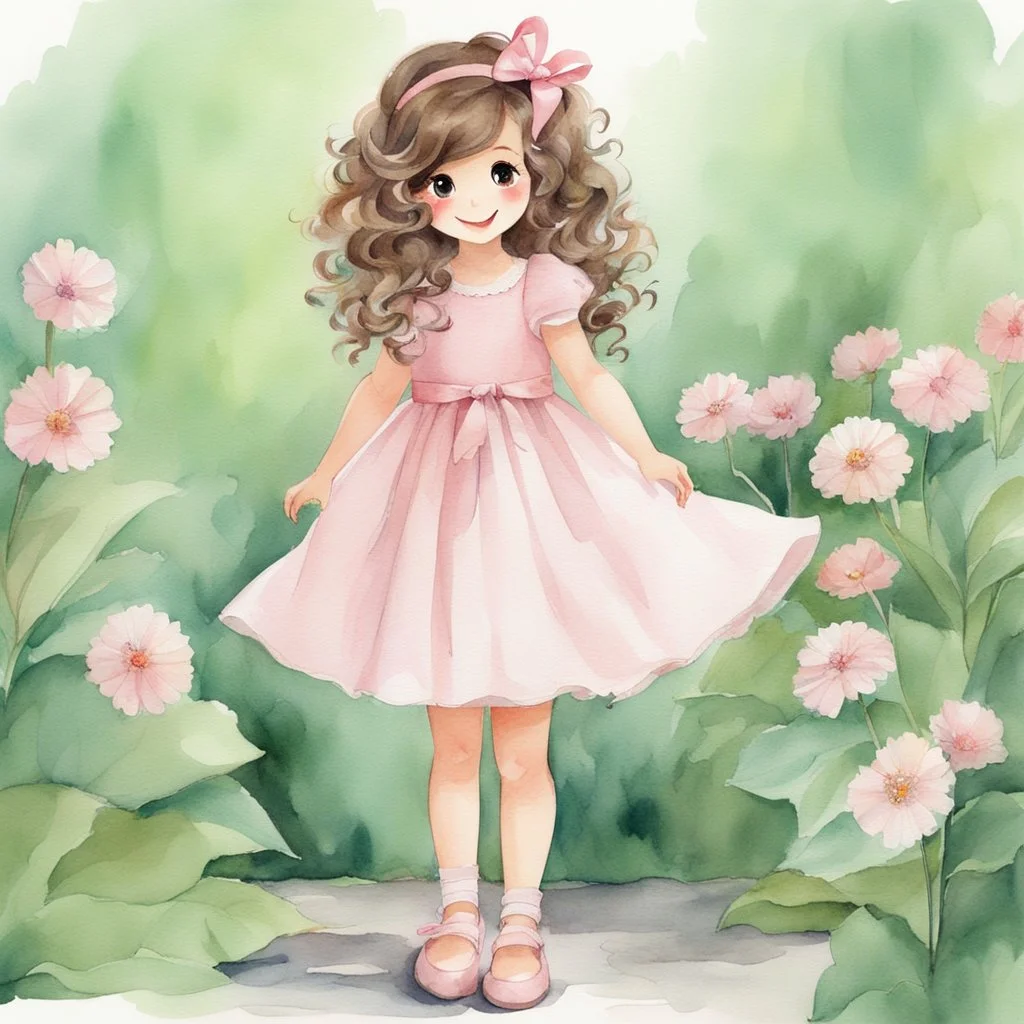 watercolor, full body, cute smile girl, curly hair, big eyes, long brown hair, pink dress, pink shoes, white backgrownd