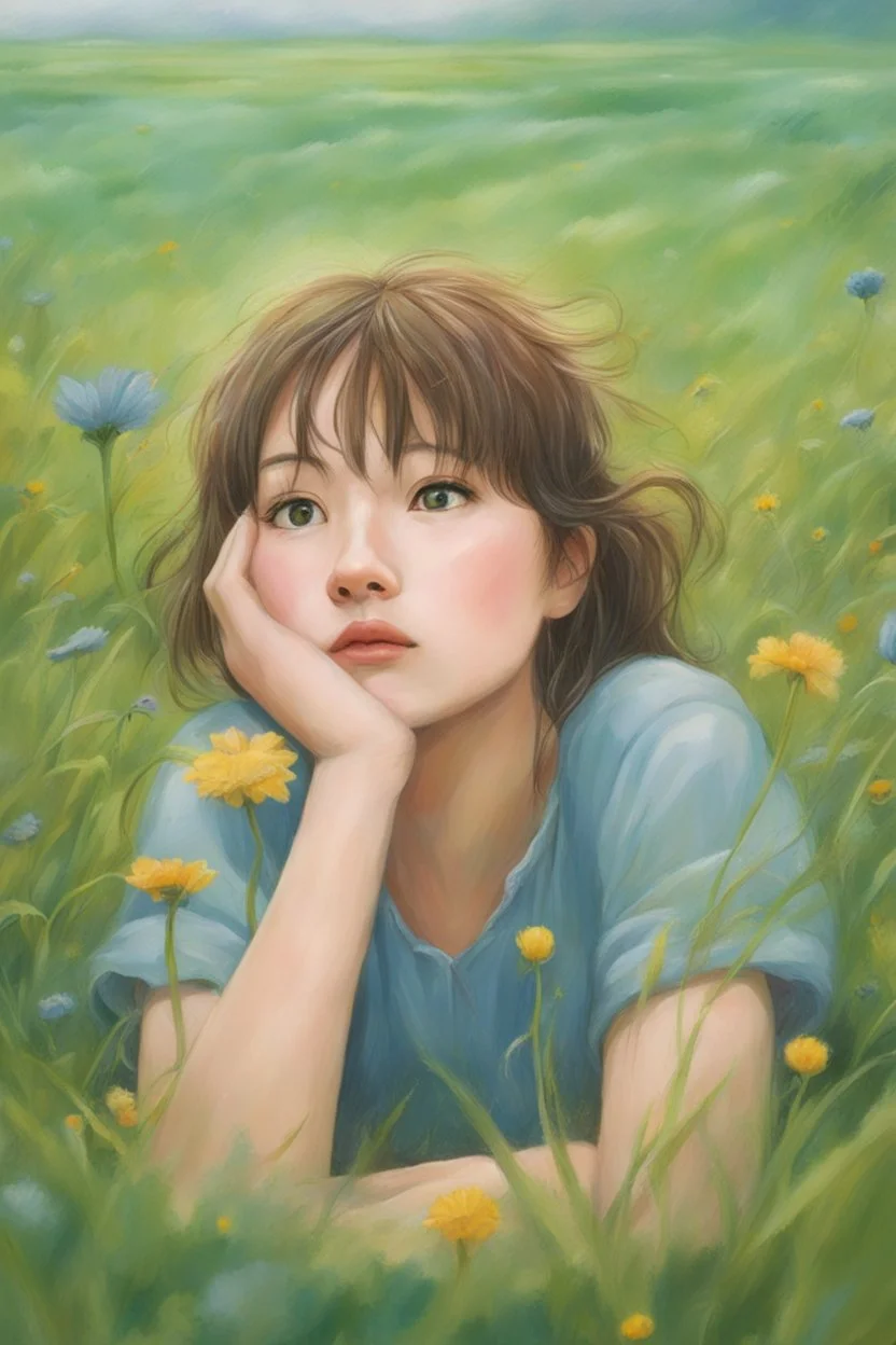 A girl lying in the middle of grass field while contemplating, detailed expression, heavy rain weather, the rain wet her face, the field is transformed into a dreamlike landscape straight out of a Studio Ghibli movie. The delicate details and vibrant colors make this a truly unique and captivating image. angle from below