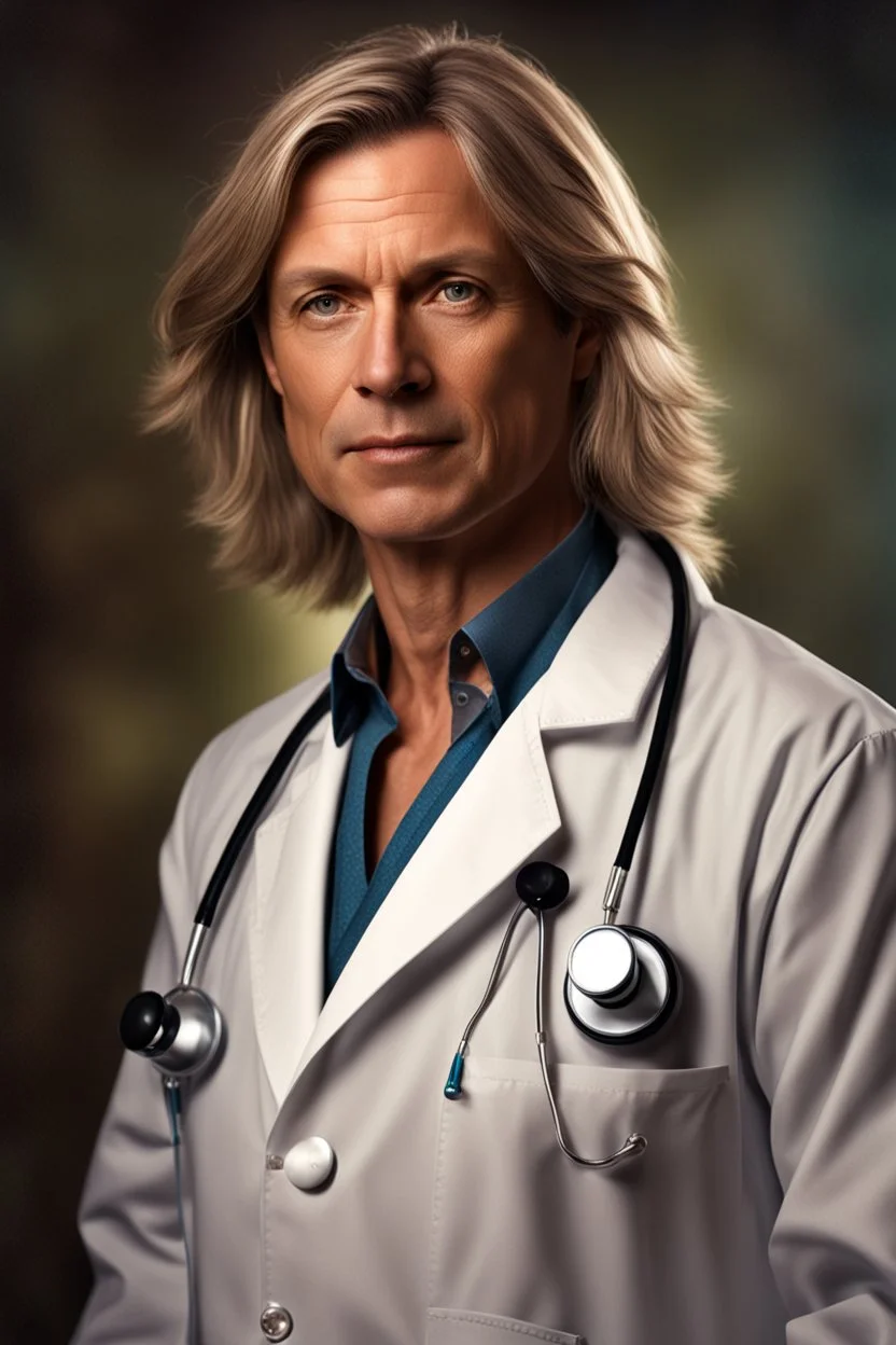 Portrait of a 40 year old norwegian doctor with shoulder length hair, photorealistic, fantasy