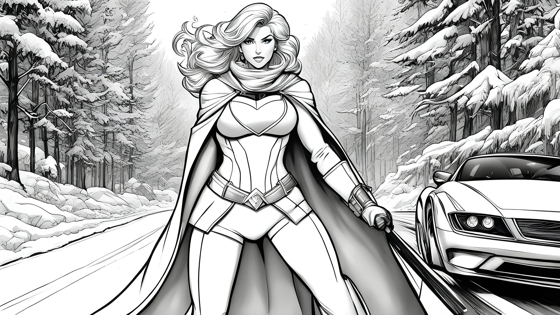 winter, (1Power Girl) full image on paper, black and white, hand drawn, cartoon coloring page, easy to color, clean line art, high detailed, road background, white, black, coloring book, sketchbook, realistic sketch, free lines, on paper, character sheet, white bachground,8k