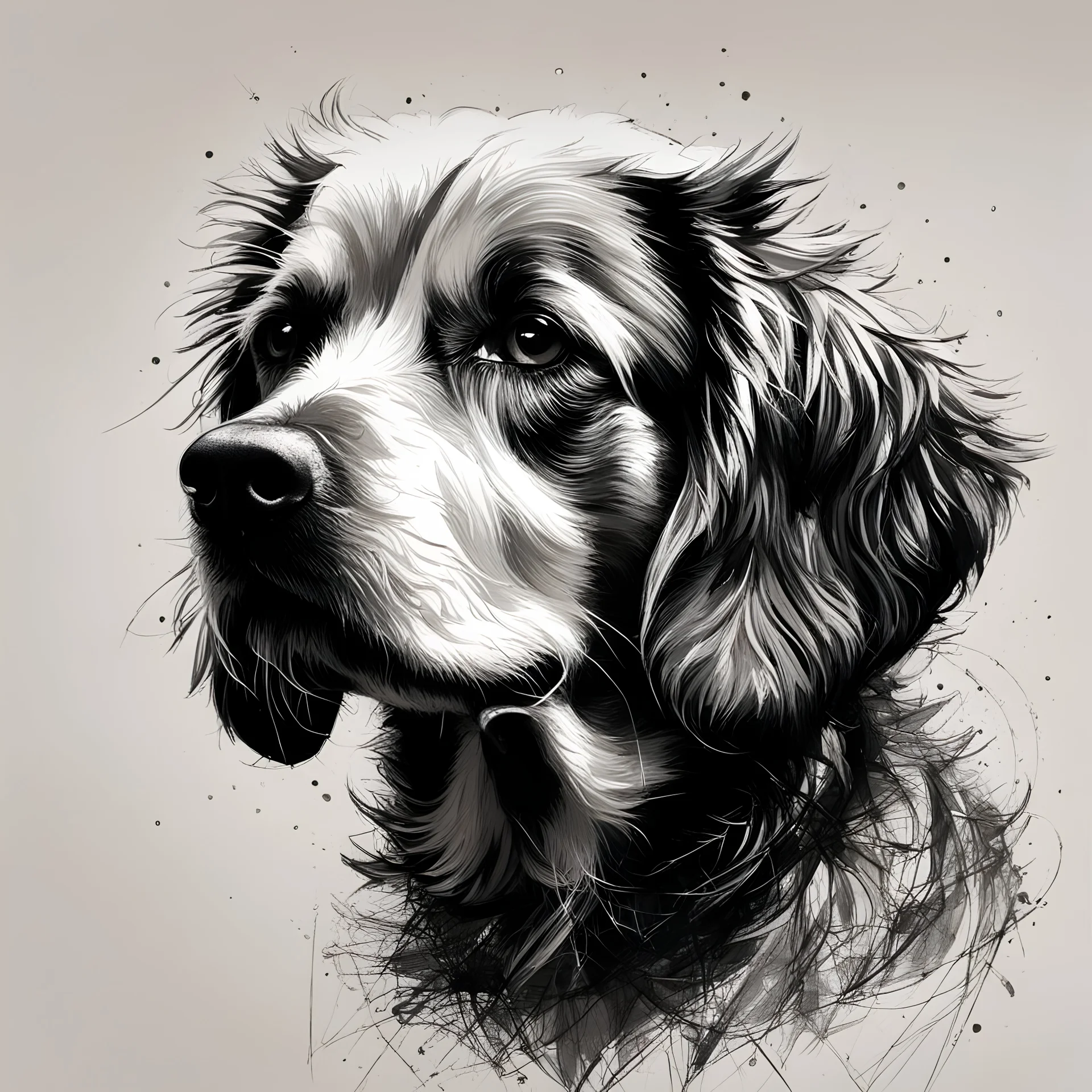 mixpnk style, scribbly scribbles pen and ink small line pencil sketch of head of a dog, intricate details and precisely drawn in style of jeremy mann