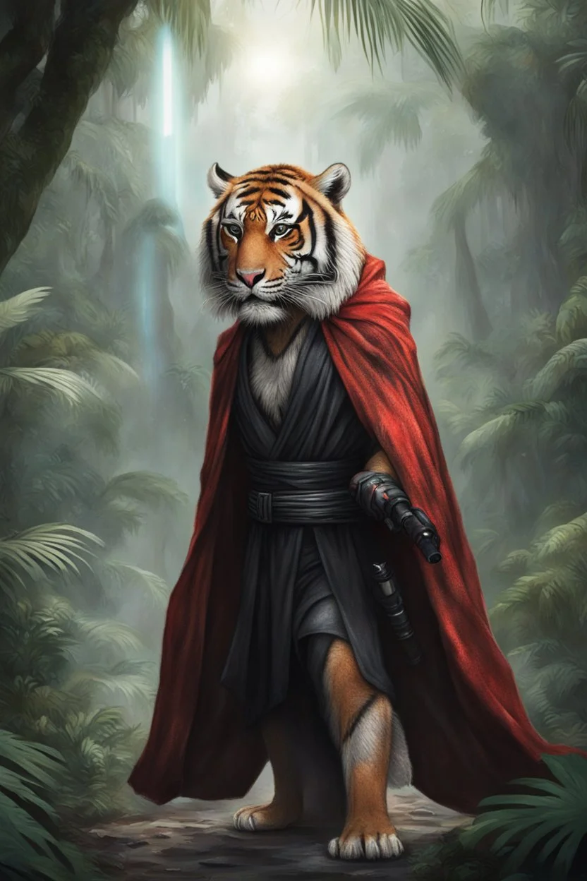 [photo realistic] a tiger standing with a Sith cape and a Lightsaber, using the force, jungle in the background