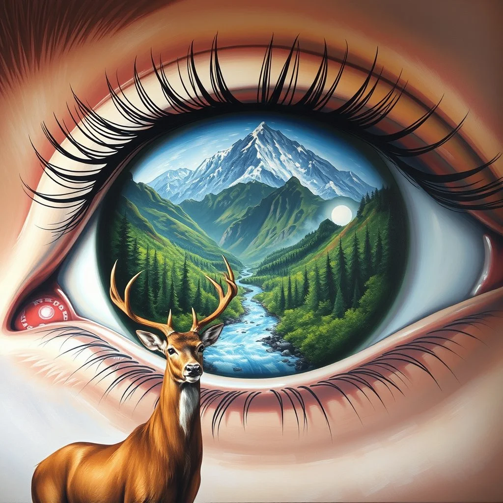 A big, beautiful eye with long eyelashes. Inside the eye, there are beautiful mountains with lush green trees, with a river flowing from the mountains and out of the eye. Outside the eye, there is a large deer at the foot of the eye. Ultra quality oil painting, work of art.