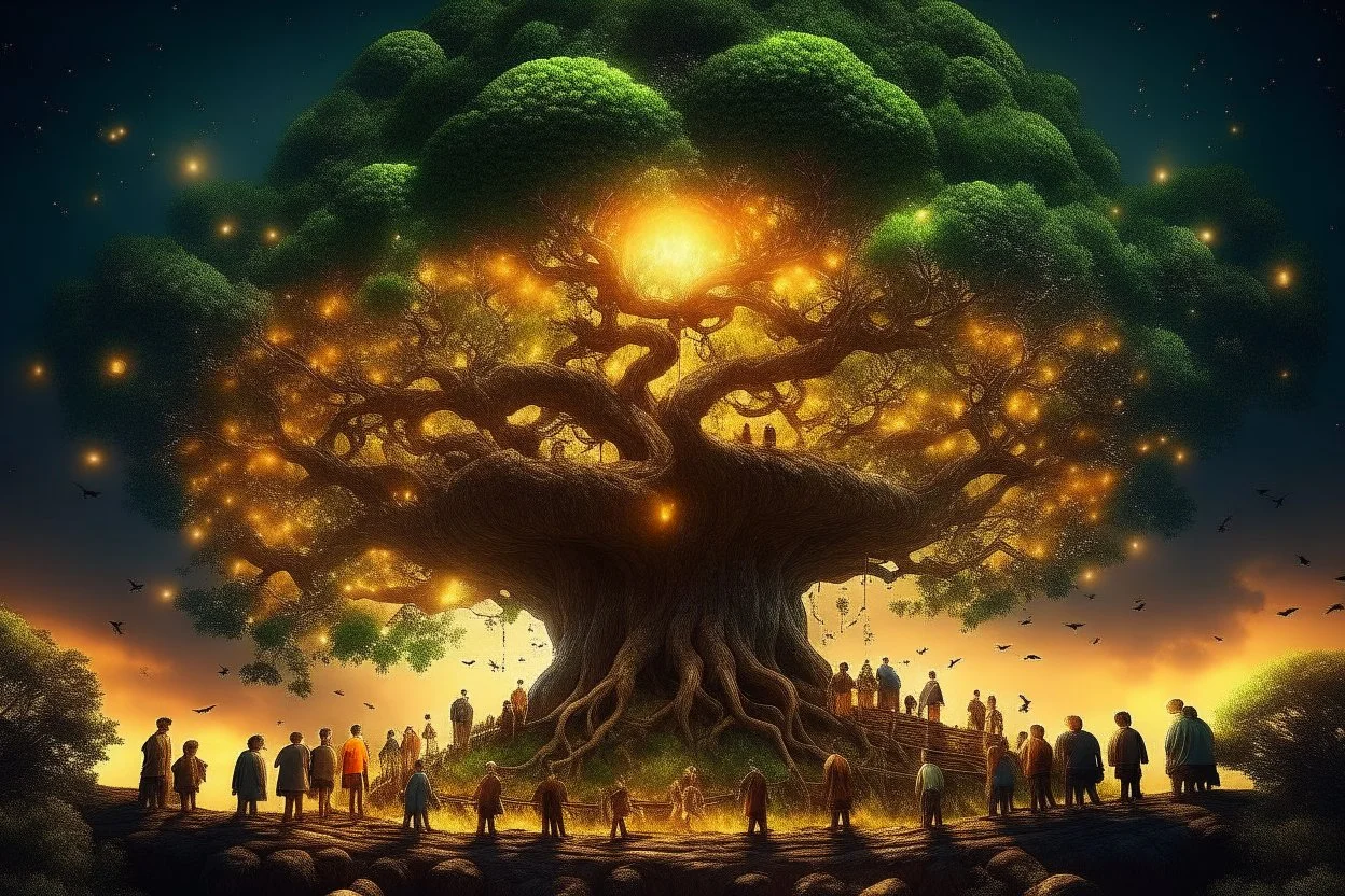 The tree of Heavens, huge tree floating heaven, warm and cozy, people living, firelights, beautiful, Serene, Warm place