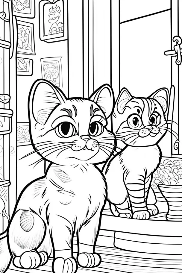 coloring page for kids, Cats in the house, cartoon style, thick lines, low detail, no shading