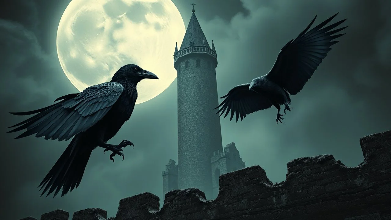 goth theme with victorian style woman, two raven, tower, ruin, moon, darkness, detalied materialas, old wall