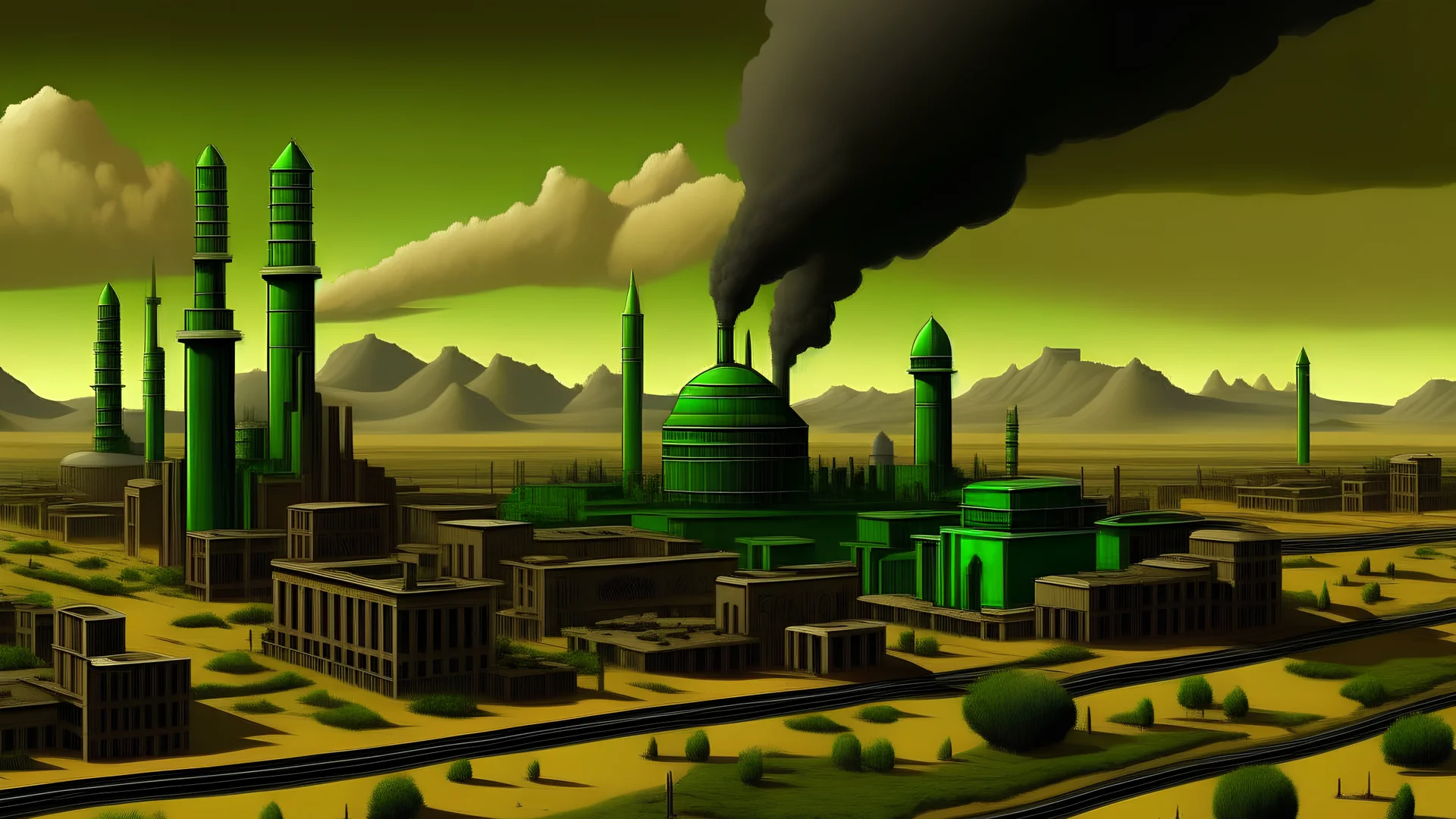 desert themed city, square and rectangular buildings, oil refinery big green-black clouds over it, 1900 style buildings