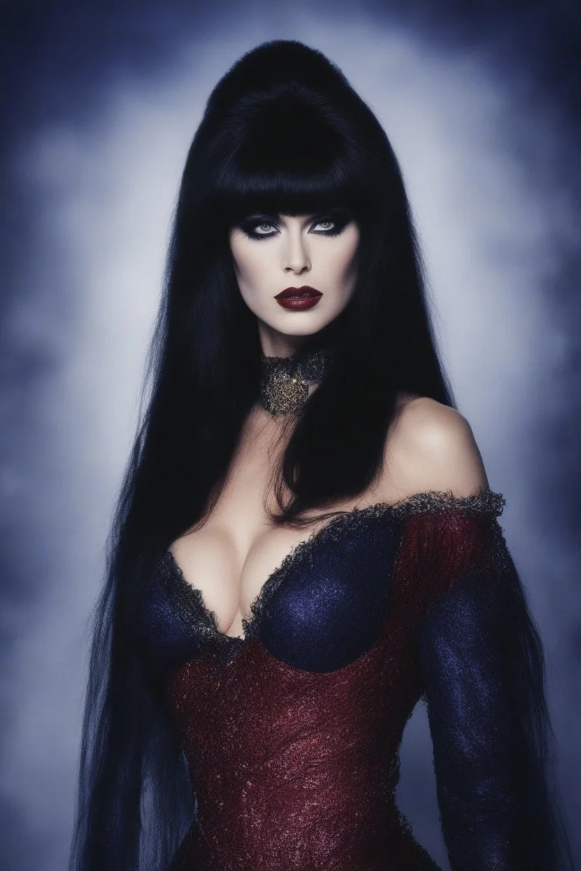 full body portrait - Elvira, Mistress of the dark - 32k, UHD, 1080p, 8 x 10, glossy professional quality digital photograph - dark blue and dark red, and light maroon and purple and foggy black gradated background, historic, powerful, octane rendering, exquisite detail, 30 - megapixel, 4k, 85 - mm - lens, sharp - focus, intricately - detailed, long exposure time, f8, ISO 100, shutter - speed 1125, diffuse - back - lighting, ((skin details, high detailed skin texture)), (((perfect face))),