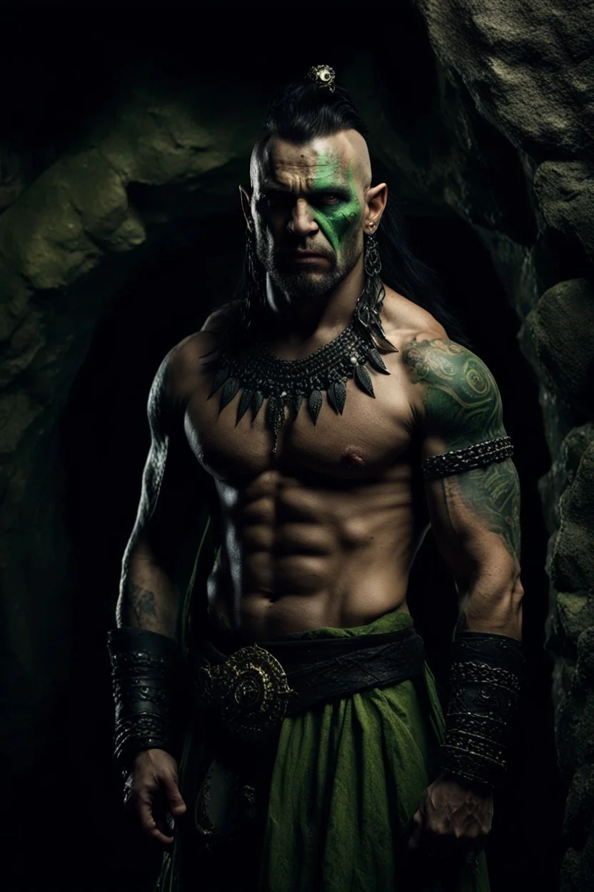 portrait of an orc king with pale skin. scar running across one eye. Tribal Tattoos Dark hair and green eyes. His look is sad. Half of his head is shaved. wearing jewellery. High resolution. 4K. 8K. Dark Fantasy style. Cave in the background