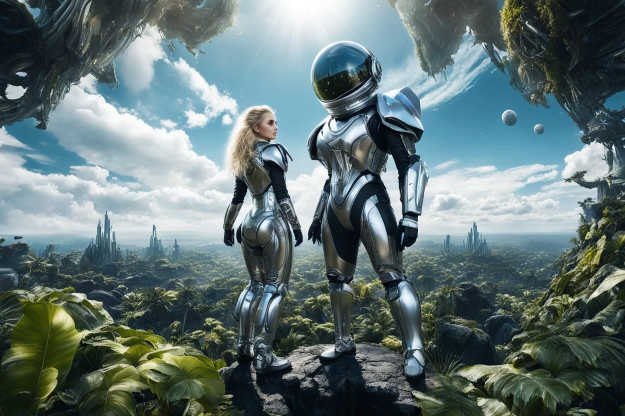 Wide-angle photo of a slim sci-fi woman with blond hair, wearing a silver and black futuristic android-like spacesuit, standing on an alien cloud tree jungle planet