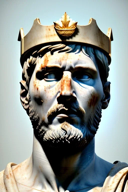 Ultra Realistic image, Roman sculpture, white marble material, Lionel Messi, gold laurel leaves crown, god crown, gold veins, gold ornaments, Renaissance style, sun rays background, waist up portrait, epic, celestial, cinematic lighting, God lights, 4k resolution, smooth details, soft lighting, unreal engine 5, art station, substance 3d.