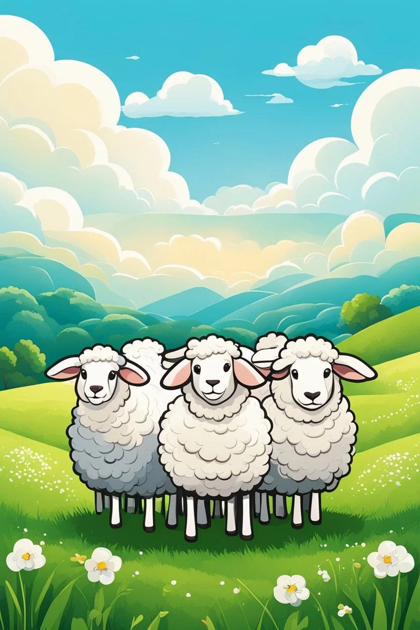 create an image with 4 sheep with the typography, happy face "sheep of faith", 2d, cartoon style, chibbi, kawai, a green field and blue sky in the background