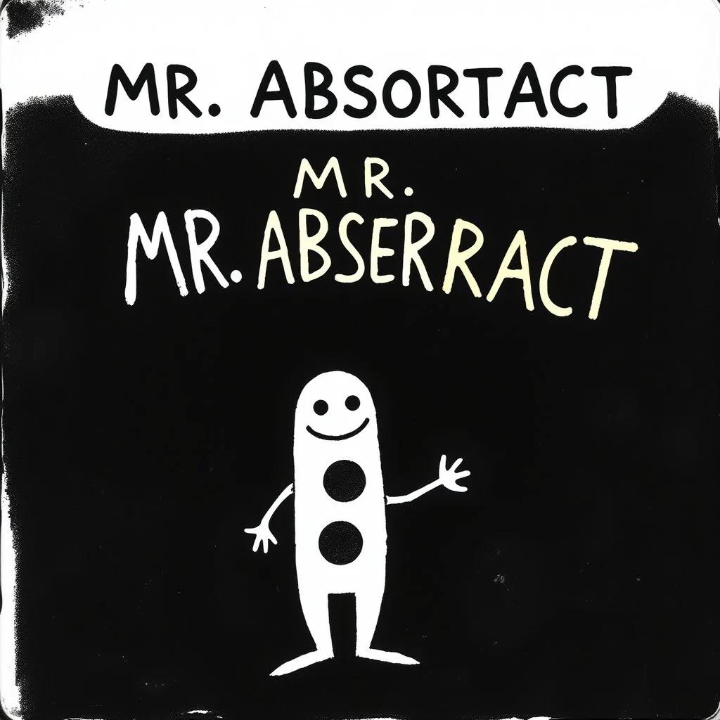 Roger Hargreaves 'Mr. Men' children's book aesthetic and composition, title text "MR. ABSTRACT", color drawing of a whimsical anthropomorphic tubular abstract art Joan Miro-like character, black white background,
