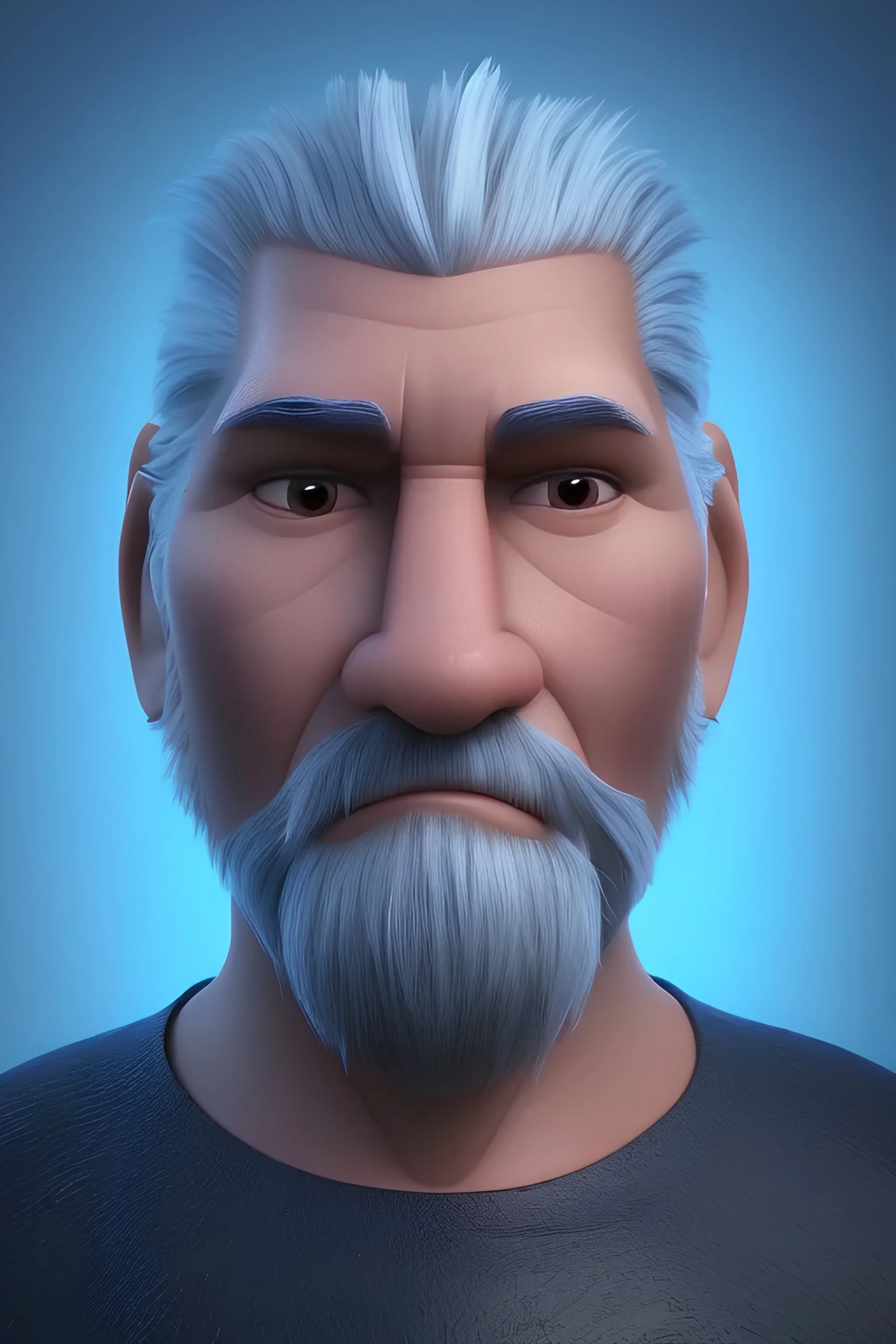 3D render of a very big close at the face of cyberpunk tribal old man, gray hair and goatee, on a dark blue background, digital art