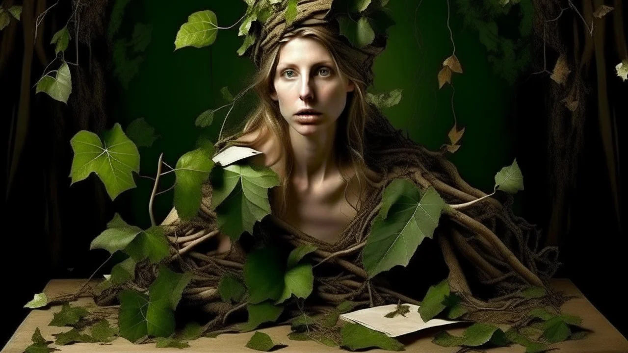 surreal woman covered in vine leaves, small table and worn canvas with a sketch , concept art in the style of Sam ziman