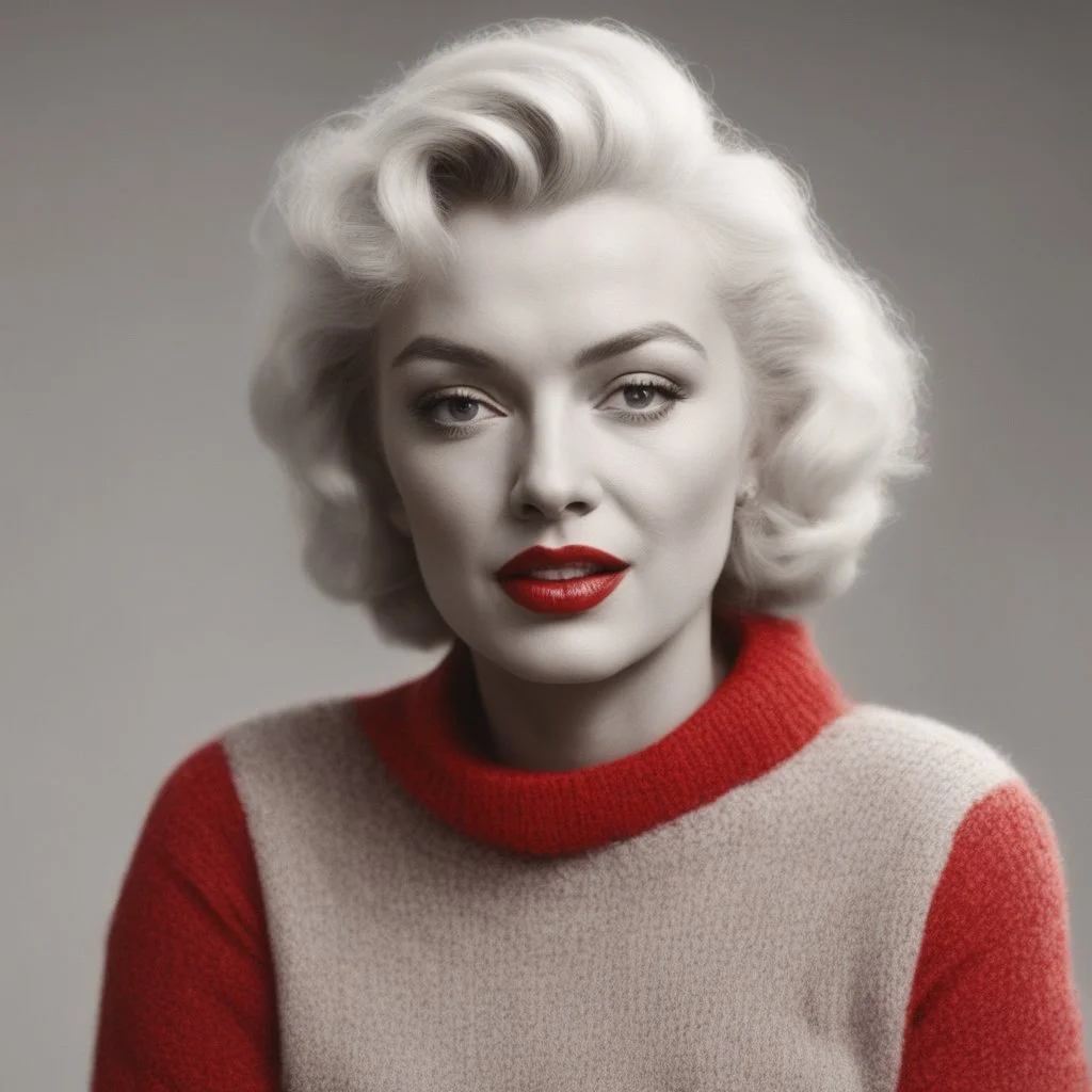 Marilyn monroe, she has a hair bun,,, in a large red woollen sweater, v collar, white bacground in the sun