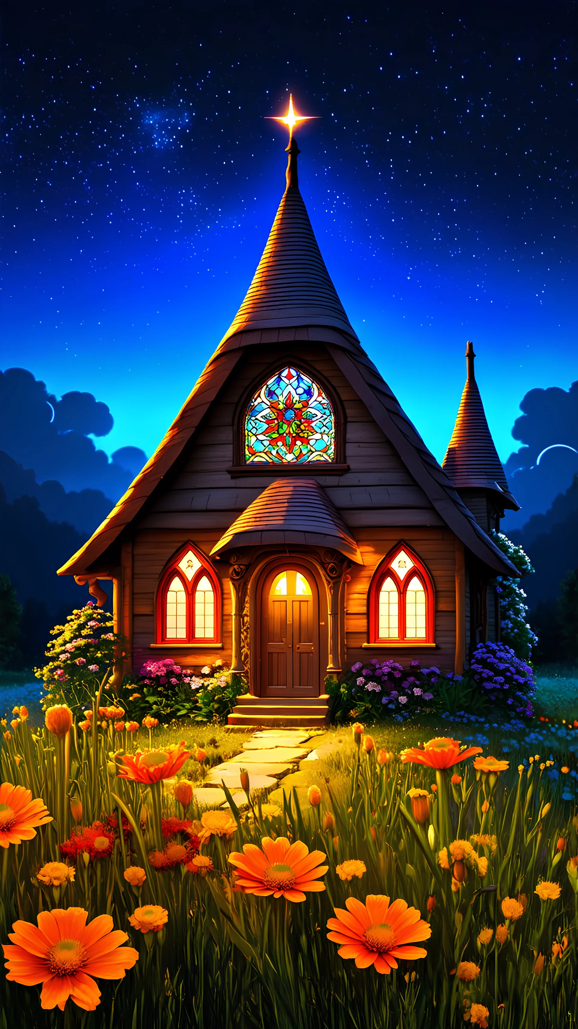 A whimsical and vibrant fairy-tale cottage with a tall, pointed roof and ornate stained glass windows that emit a warm, inviting glow. Surrounded by oversized, vivid orange wildflowers, the dark night sky behind is adorned with twin moons, casting a mystical light on the scene. The cottage's walls have a magical blue texture with hints of natural elements, suggesting an enchantment. Bright blue fireflies dance around the scene, enhancing the otherworldly and enchanting atmosphere.