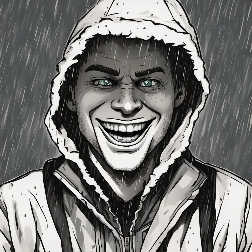 a closeup of a psychopathic young man with white eyes in a heavy coat and hood during a rainstorm laughing cartoon