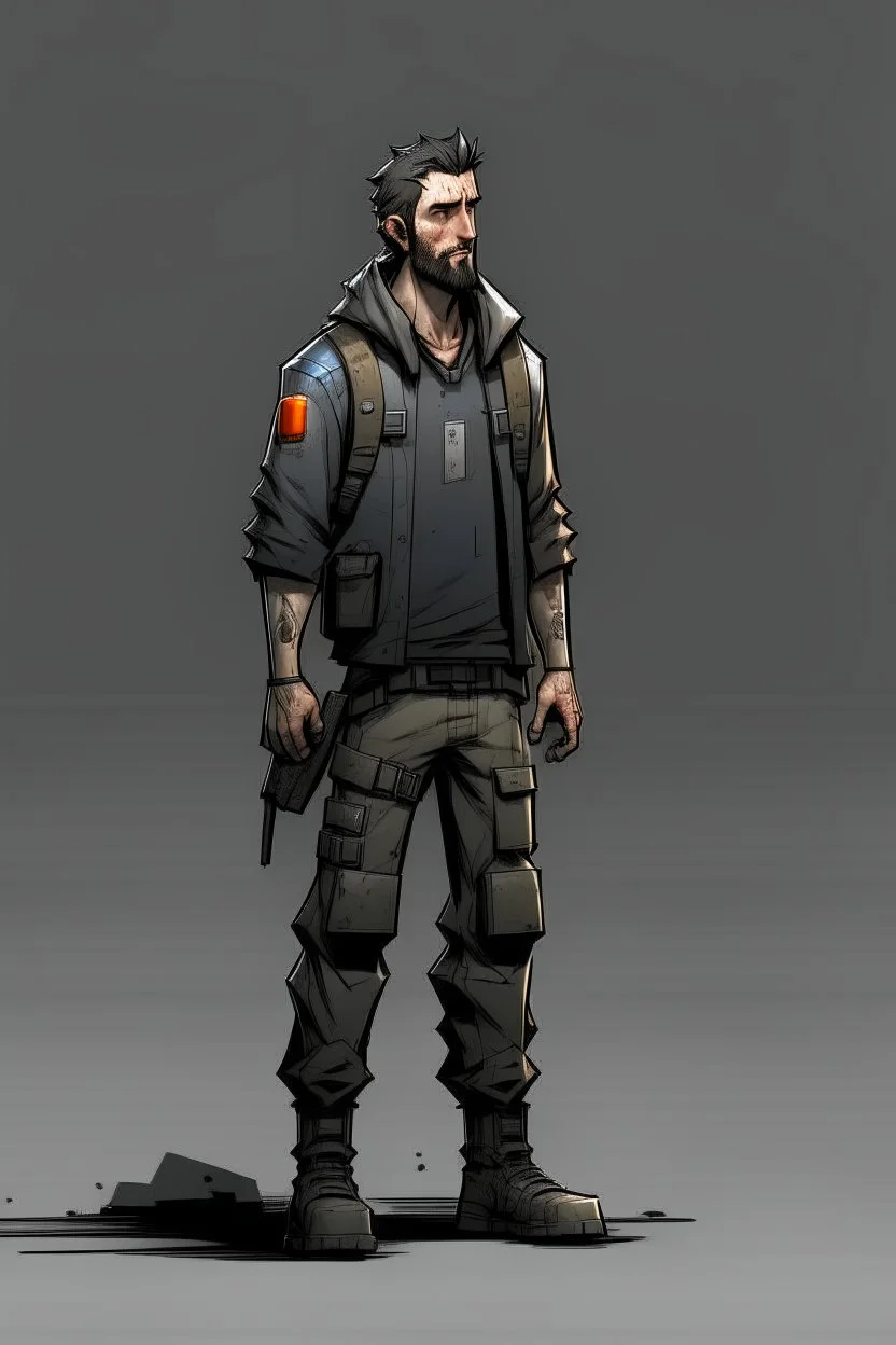 man, , full body, looking serious, comic book, post-apocalypse, grey background