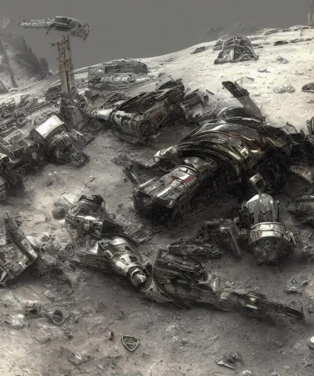 Crashed photorealistic futuristic destroyed mechanical mechwarrior abandoned wreckage in old blast crater on the lunar surface