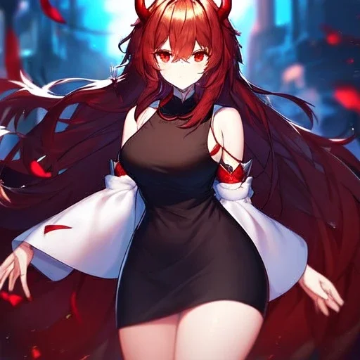 Clear focus,High resolution, Black sleeveless fluffy Shirt, Black short skirt with Red under it, Cut sleeves that are Black, Standing still, Black long hair, Red eyes, Red horns