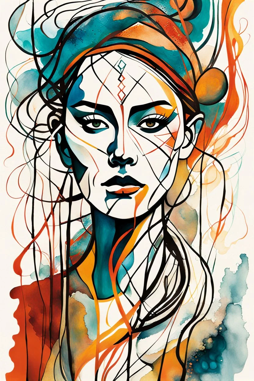 create an abstract expressionist, deeply spiritual, ethereal, and darkly magical illustration of an epic nomadic tundra huntress with highly detailed and deeply cut facial features, in the style of MARK ROTHKO, WILLEM DE KOONING, and HENRI MATISSE ,searing lines and forceful strokes, precisely drawn, inked, and darkly colored