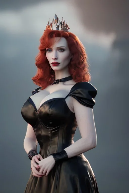 Christina Hendricks as evil queen in black leather gown, feminie, angry, stern look on her face, volouptous, busty, cleavage, emperious, mature unreal 5, octane render,cinema4d, dynamic lighting, dramatic lighting, 4k, redshift render, highly detailed, hyper realistic, in space