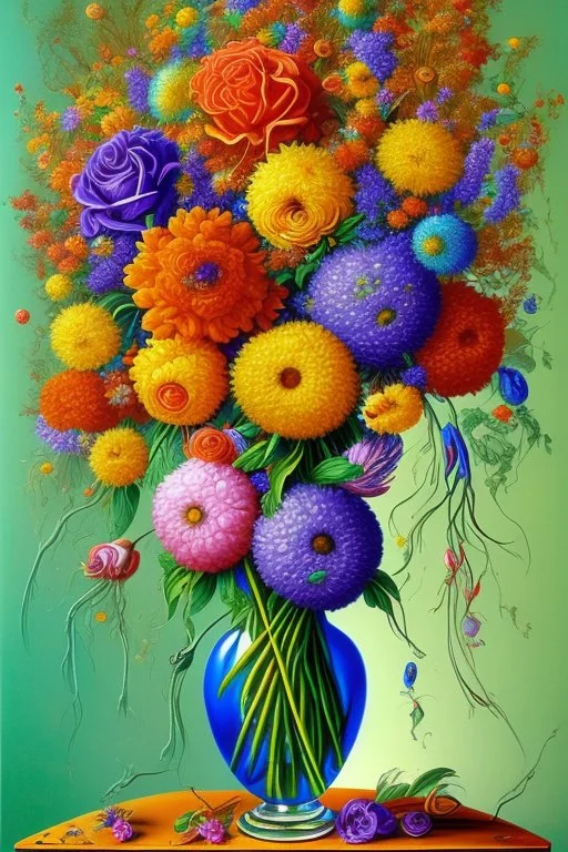 melted flowers in a glass vase, melted family pictures on the wall in the style of Salvador Dali's with green, blues, orange and purples, surrealism style